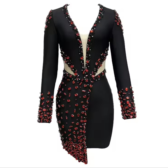 Long Sleeve Red Crystal V-Neck Bodycon Mini Bandage Dress - Picture 4 of 12